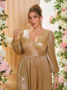 SHEIN Belle Vestido de noche formal de tela metálica con escote en V profundo en color dorado, para invitada de boda, fiesta, vestido de gala, talla grande - Champán - Ver 4