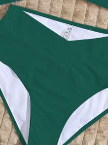SHEIN Swim Springbreak Solid Color Criss-Cross Cut-Out Tied Bikini Top And Bottom Swimwear Set For Summer Beach Vacation - Dark Green - View 3