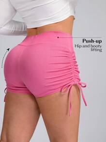 SHEIN Essnce Plus Size Women's Drawstring Side Casual Versatile Denim Shorts Stretchy Knit Denim Apple Bottom Jeans - Pink - View 2