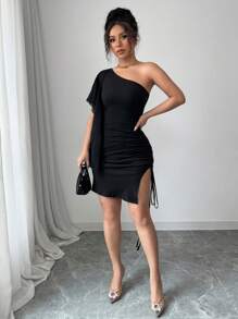 SHEIN Elenzya 女式抽绳腰侧开衩透明袖紧身连衣裙，弹性面料，合身廓形，适合节日、音乐节、春夏季 - 紅色 - 查看 5