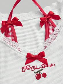 ROMWE Kawaii 樱桃刺绣格子拼布蝴蝶结装饰女式夏季 T 恤 - 白色 - 查看 4