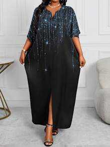 SHEIN Lady 女式闪亮印花缺口 V 领蝙蝠袖宽松长裙