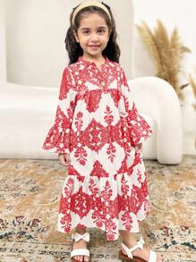 SHEIN Young Girl Loose Casual Mid-Length Geometric Pattern Dress - Red - View 8