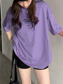 DAZY Tricou de damă cu umeri căzuți, imprimat cu slogan, Thousand MASTERPIECES OF LABORER, vară, tricou supradimensionat, stil preppy