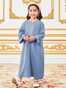 SHEIN Leap Crew Retro Pattern Print Long Robe For Young Girl - Blue - View 7