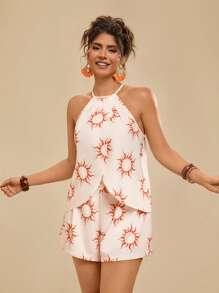 Travachic Plus Size Women 2 Pieces Set: Loose Casual Spaghetti Strap Halterneck Criss-Cross Design Printed Camisole & Beach Shorts, Summer Vacation