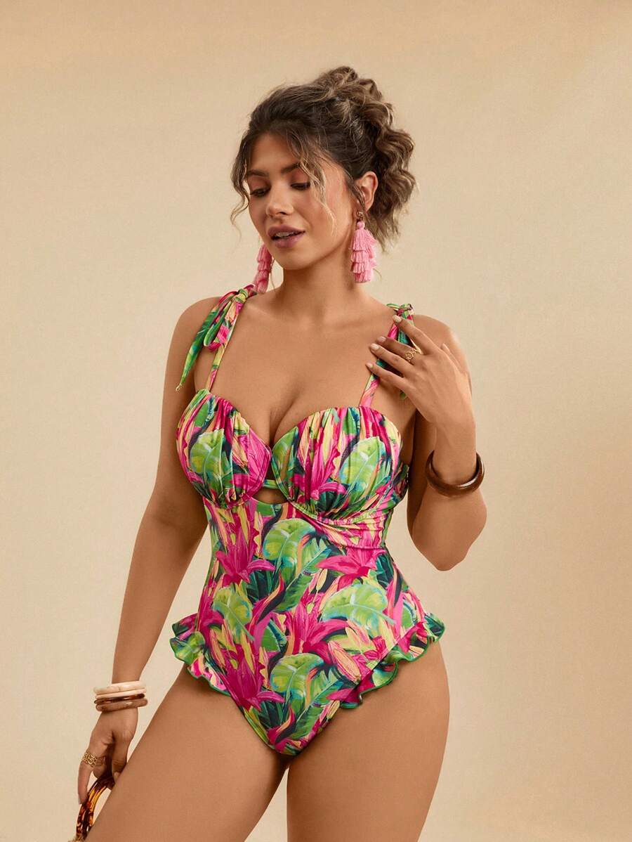 Travachic Plus Size Tropical Floral Print Colorful Shoulder Tie Strap Princess Style One-Piece Swimsuit With Ruffle Hem, Slimming
