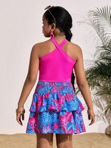 SHEIN Leap Crew Tween Girl Summer Halter Racerback Tank Top + Tiered Cake Ruffle Skirt Set, Suitable For Vacation And Beach - Hot Pink - View 2