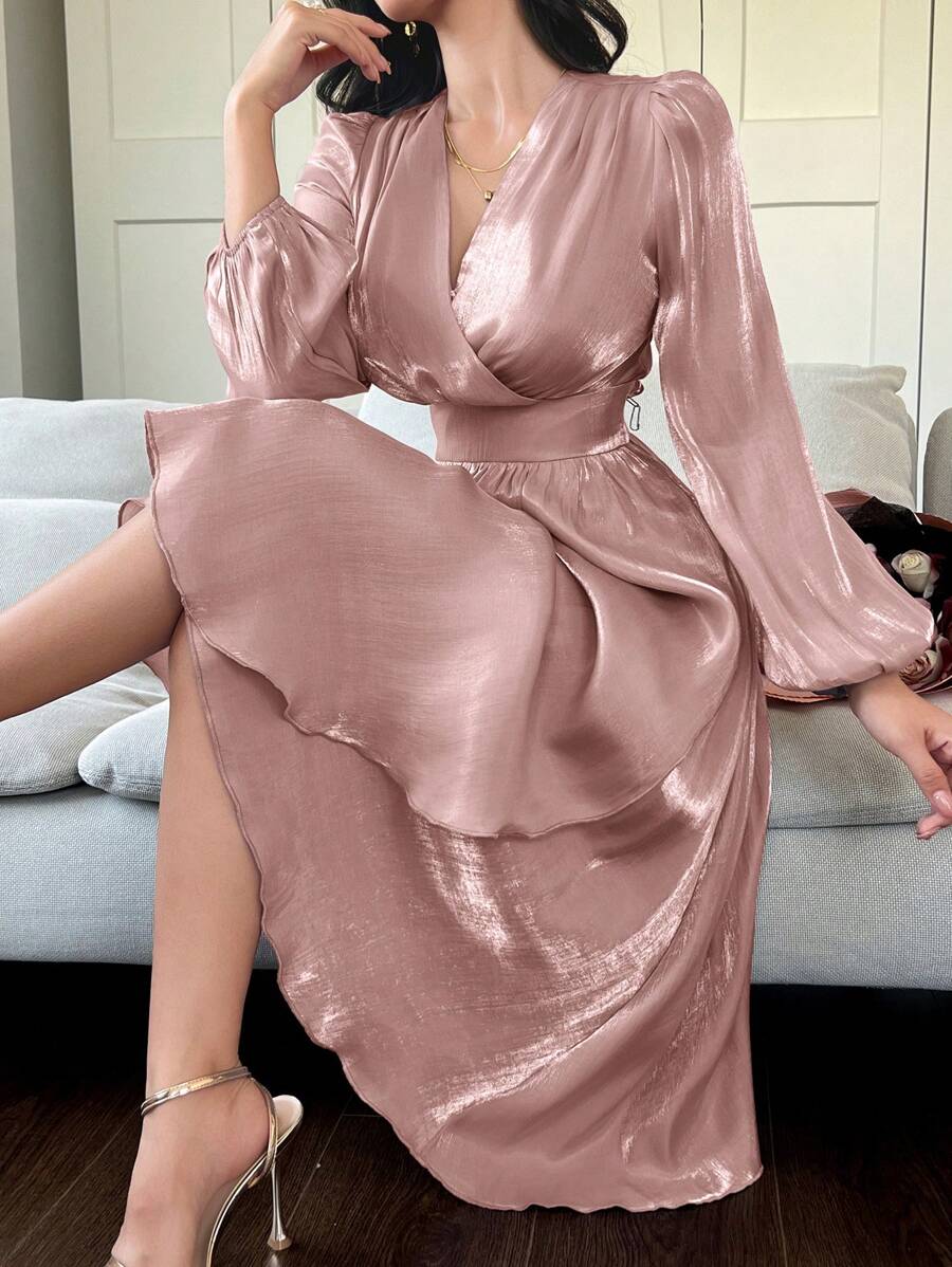 DAZY Women's Solid Color V-Neck Ruffle Hem Midi Dress Prom Dress Elegant,Formal Women Dresses,Fall Dress Long Sleeve Dress - Pink - View 1