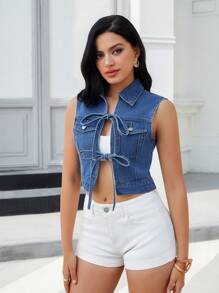 SHEIN Essnce Top court en jean body-con avec nœud pour femmes - Jean bleu - Voir 5