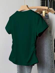 少女休闲百搭修身花朵图案短袖 T 恤 - 粉色 - 墨綠色 - 查看 2