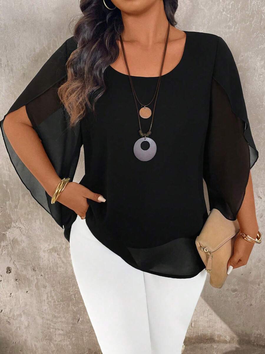 SHEIN LUNE Camicetta elegante in chiffon con maniche a palloncino per taglie forti