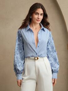 Anewsta Nouvelle blouse d'été/printemps ample à rayures bleues et blanches, patchwork et brodée, décontractée mais habillée pour femme