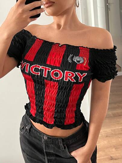 SHEIN ICON 夏季女士音乐会女式露肩褶饰紧身短袖T恤