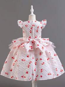 Girls Asymmetrical Hem Printed Cap Sleeve Flower Girl's Princess Dress, Children Performance Costume - White - View 2