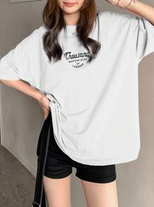 DAZY Ladies' Letter Print Drop Shoulder T-Shirt Summer Oversized T-Shirt - White - View 5