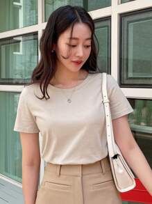 DAZY Solid Round Neck Tee - Khaki - View 8