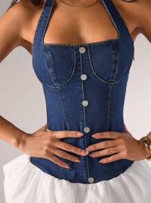 SHEIN BAE Vestido de mujer de mezclilla con diseño de botones, cuello halter y bajo con volantes, vestido de verano elegante de mujer, vestido de playa de mujer, traje de mujer