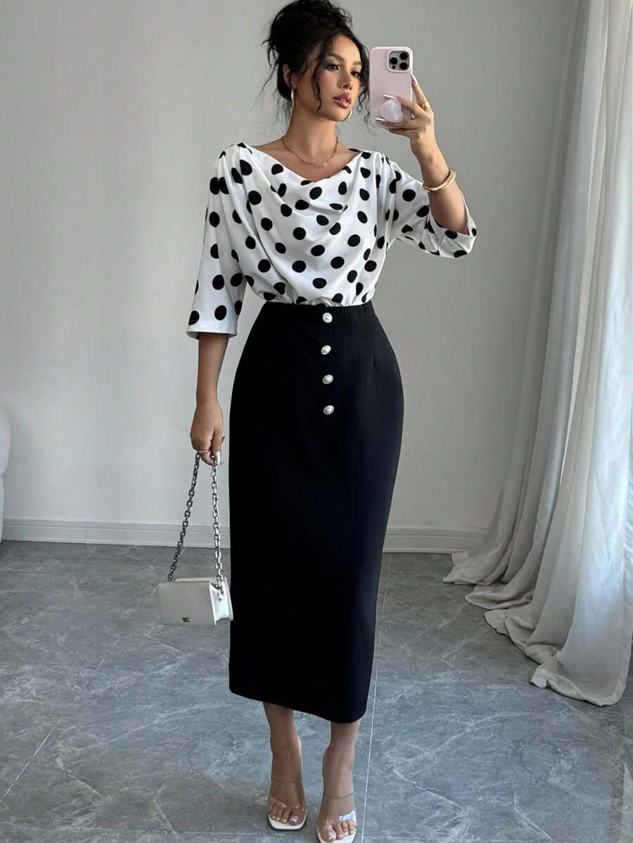 Modelyn Women's Polka Dot Print Ruffled Neck Cropped Sleeve Button-Up Bodycon Dress Set - Black - View 1