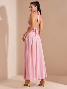 SHEIN BAE Vestido largo de línea A con escote en V profundo y volantes en el bajo, estilo sexy y dulce para vacaciones y resorts, adecuado para damas de honor y galas