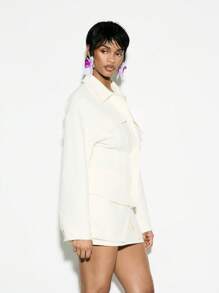 KIZN Tailored Cinch Waist Shirt Blouse Business Professional Long Sleeve Fitted Office Work Button Down Collared Top Spring Fall Winter - Beige - View 6