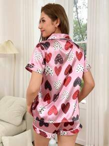 Dream Adore 2pcs Women Heart Pattern Lapel Shirt & Shorts Pajama Set - Multicolor - View 4