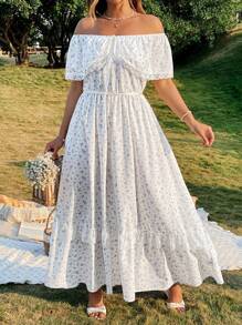 Flirla Plus Size Women Elegant Off Shoulder Ruffled Waist A-Line Midi Lace Dress, Spring/Summer - Multicolor - View 4