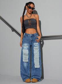 SHEIN ICON Jeans de pierna ancha de tiro bajo desgastados y lavados para mujer - Azul - Ver 5