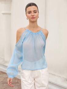 GENKIRA Spring/Summer New French Fashionable Elegant Women's Blouse, Attractive Open Shoulder Design, Ruched Neckline, Intricately Crafted Sheer Silver Metallic Chiffon Fabric, Long Sleeves Baby Blue For Spring Fall - Blue - View 4