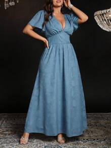 SHEIN Belle Plus Size Women Ruffle Waist Sheer Lace Trim Ruffled Sleeve Elegant Long Dress - Dusty Blue - View 5