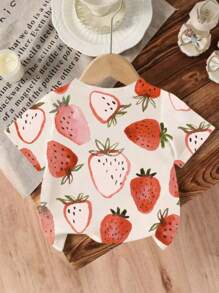 Baby Girl Simple Round Neck Short Sleeve Strawberry Print T-Shirt Top, Fashionable - Multicolor - View 2