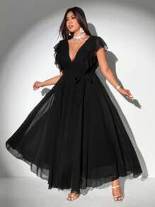 Viva Relle 女士加大码优雅浪漫系带深 V 领荷叶边袖 A 字形雪纺连衣裙 - 黑色 - 查看 2