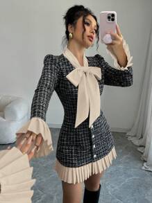 Elenzga Short Tie Collar Bowknot Color Block Pleated Dress, Autumn/Winter - Apricot - View 4