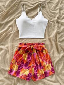 Soleia Conjunto de 2 piezas para mujer de camiseta sin mangas con borde de concha bordada de flores tropicales y pantalones cortos informales de cintura elástica con volantes y bolsillo, estampado floral colorido, para vacaciones de primavera y verano, conjunto de tarde de té