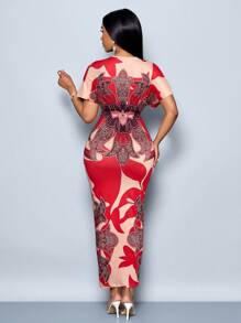 SOLERSUN 女士优雅链条印花开衩大腿紧身连衣裙，性感深 V 领，高腰印花蝙蝠袖连衣裙 - 紅色 - 查看 2