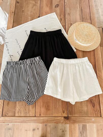 SHEIN LMoss Kids 3pcs/Set Tween Girls Minimalist Comfortable Striped & Solid Black/White Color Casual Shorts Set
