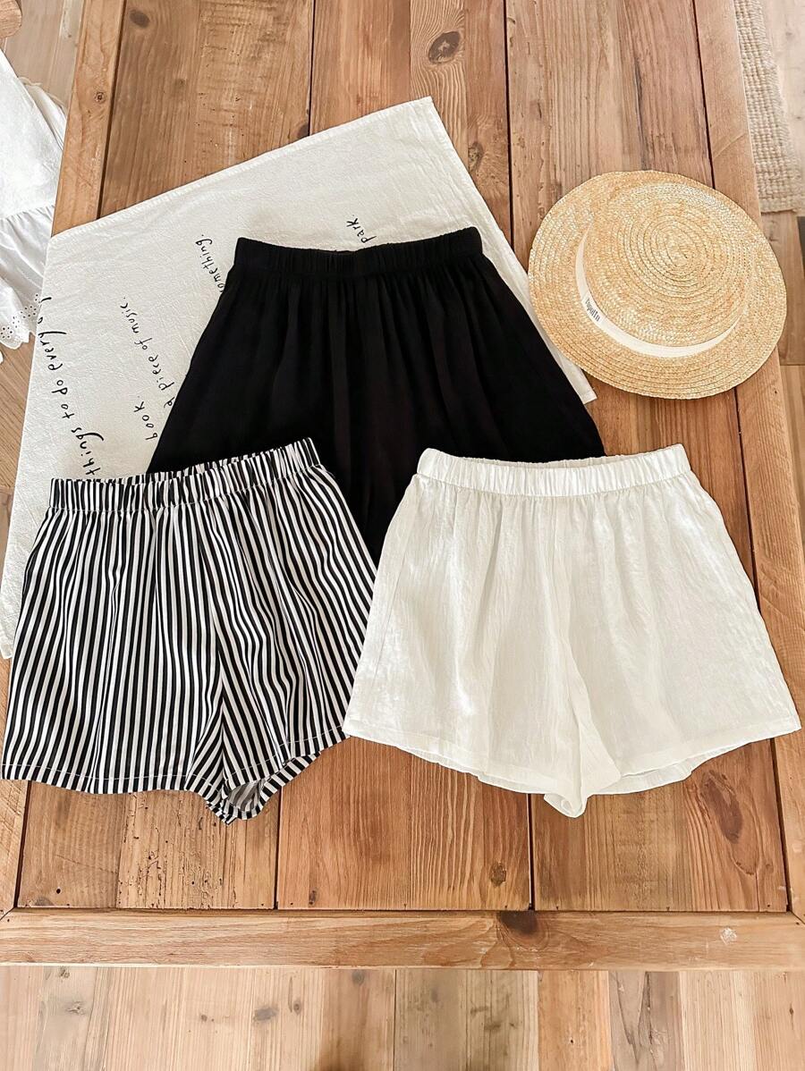 SHEIN LMoss Kids 3pcs/Set Tween Girls Minimalist Comfortable Striped & Solid Black/White Color Casual Shorts Set - Multicolor - View 1