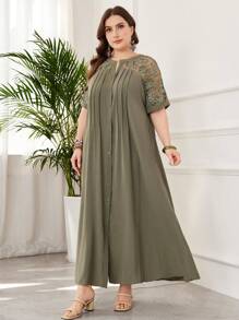 Lacomfia Plus Size Long Sleeve Solid Color Lace Patchwork Arabic Style Dress - Green - View 3