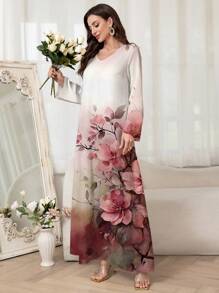 Al Najma Women's Elegant Floral Print Arabic Style Long Dress,Modest