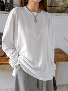 DAZY Solid Drop Shoulder Split Hem Tee,Fall Clothes Long Sleeve Women Tops - White - View 3