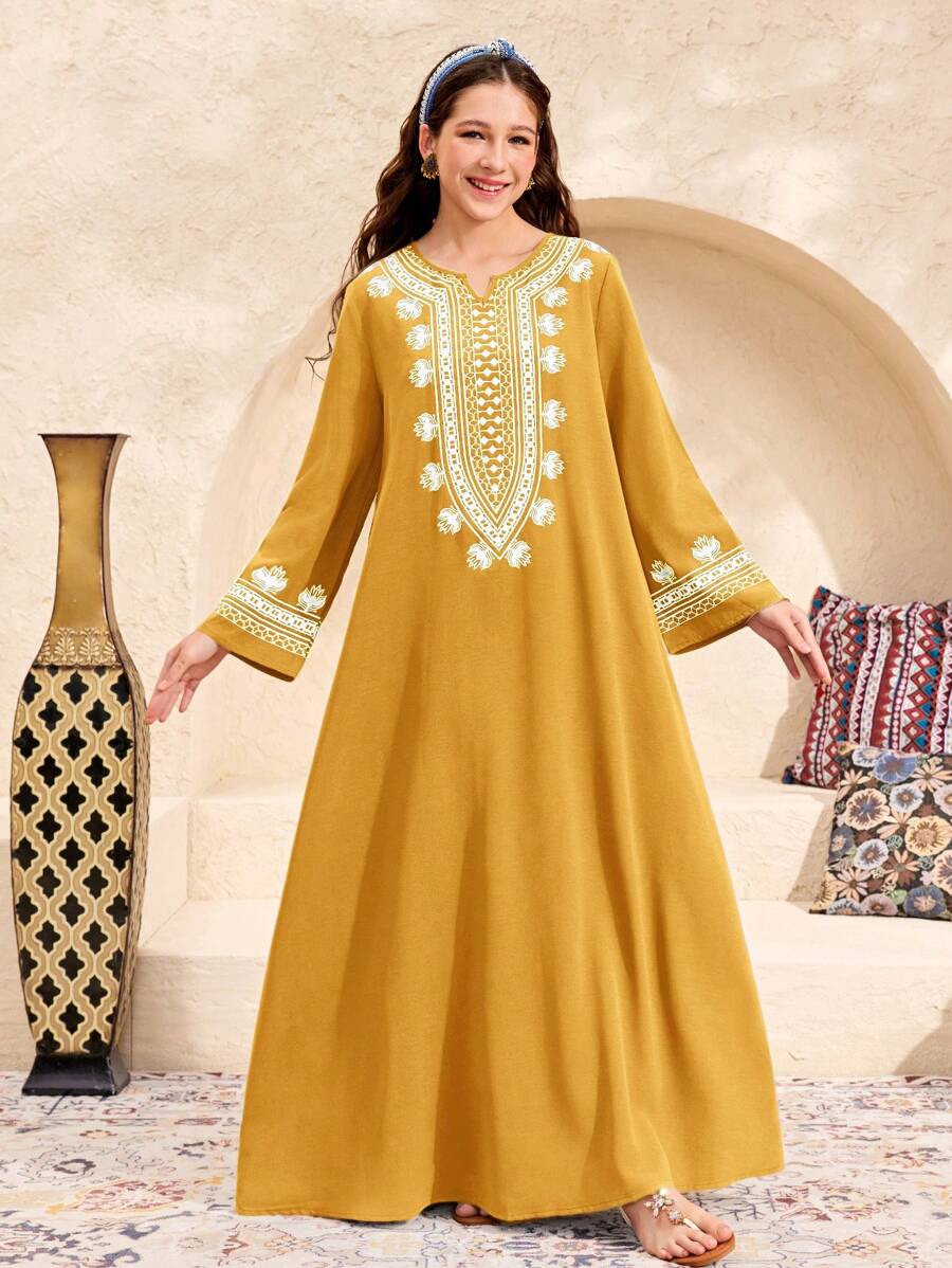 SHEIN Leap Crew Teen Girls Yellow Retro Pattern Robe, Vacation & Outing Wear, Spring/Summer - Yellow - View 1