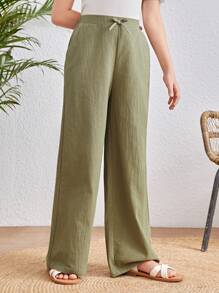 SHEIN Tween Girls' Solid Ribbon Tie Straight Leg Pants - Army Green - View 3