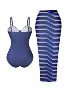 Swim Oasis Costume da bagno da donna taglie forti di alta qualità, 2 pezzi: Top con bustier e fiocco, abbinato a una lunga gonna a fantasia a righe, per vacanze in spiaggia, estate