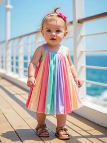 Infant Baby Girl Summer Slip-On Pleated Gradient Dress, Fashionable & Adorable, Korean Style - Multicolor - View 5