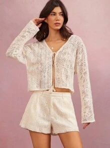 WESTFADE 西部乡村花卉刺绣编织网眼蝴蝶结前 V 领长袖上衣春假音乐节 - 米色 - 查看 4