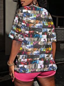 INAWLY Retro Street Style Vintage Photo Collage Oversize Short Sleeve T-Shirt - White - View 2
