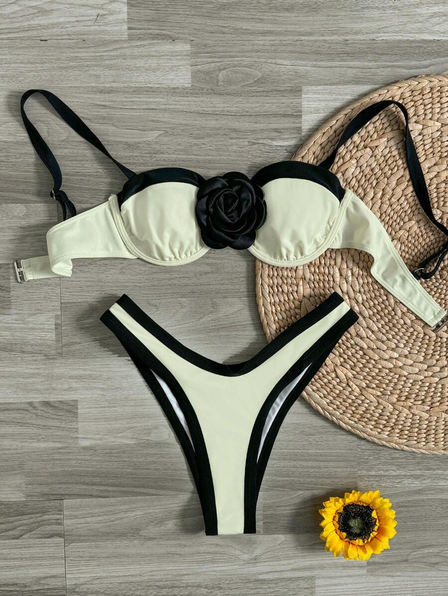 Swim Chiccia 2 件套女士春假沙滩装：黑白拼布短款上衣，带花卉粗肩带，时尚三角内裤，性感比基尼泳装套装 - 杏色 - 查看 1