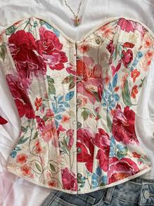 Soleia Parte superior tipo corsé de estilo retro palaciego con estampado floral jacquard de colores, con botones y lazo en la espalda, para mujer, ideal para bodas, vacaciones, salidas, festivales, cruceros, cumpleaños, etc.