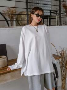 DAZY Split Hem Drop Shoulder Tee,Fall Clothes Long Sleeve Women Tops - White - View 7