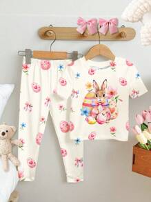 SHEIN Leap Crew 2pcs Young Girl Casual Cute Rabbit & Floral Print Short Sleeve T-Shirt And Skinny Pants Loungewear Set, Suitable For Spring/Summer - Multicolor - View 3